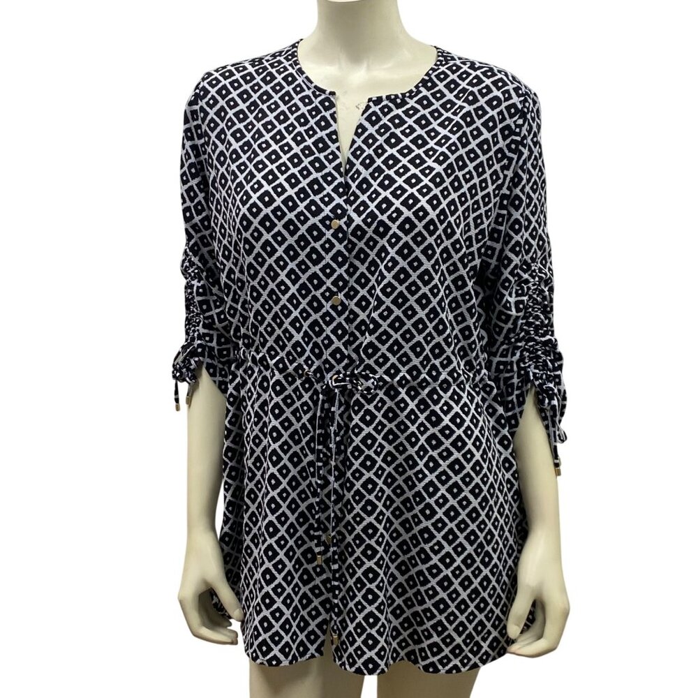 Jones New York Womens Geometric Pattern Tunic Top With Drawstring Sleeves Size L